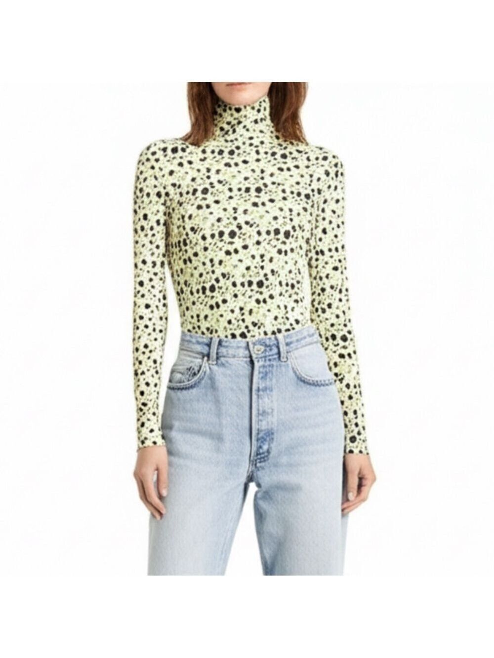 Vintage 60s 70s 100% nylon tight ivory ditsy floral print tight turtleneck top M